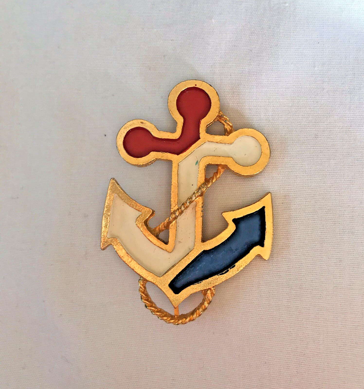 Gold Red White Blue Enamel Nautical Anchor Rope 2″ Pin Brooch SUMMER July 4