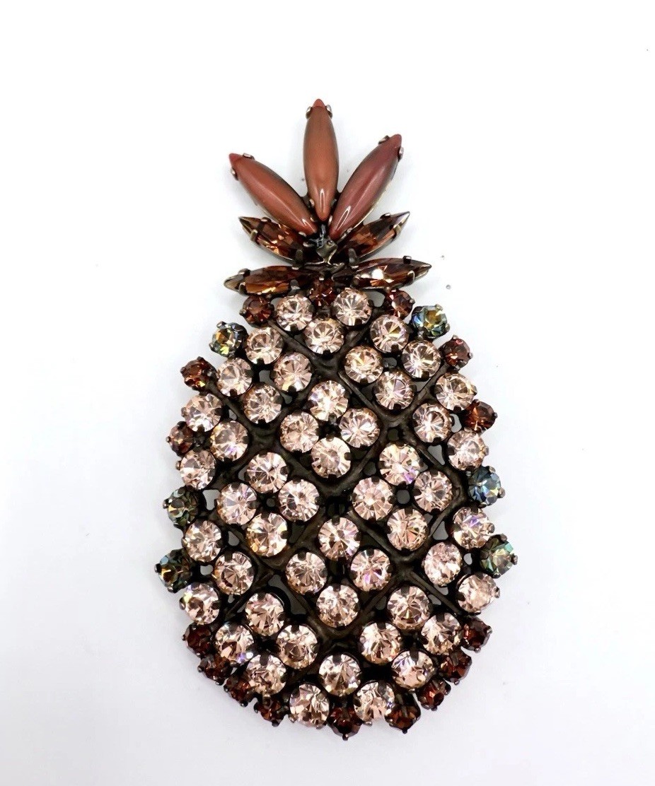 Austrian? Multicolored Topaz & Green Rhinestone Pineapple Brooch Vintage Jewelry