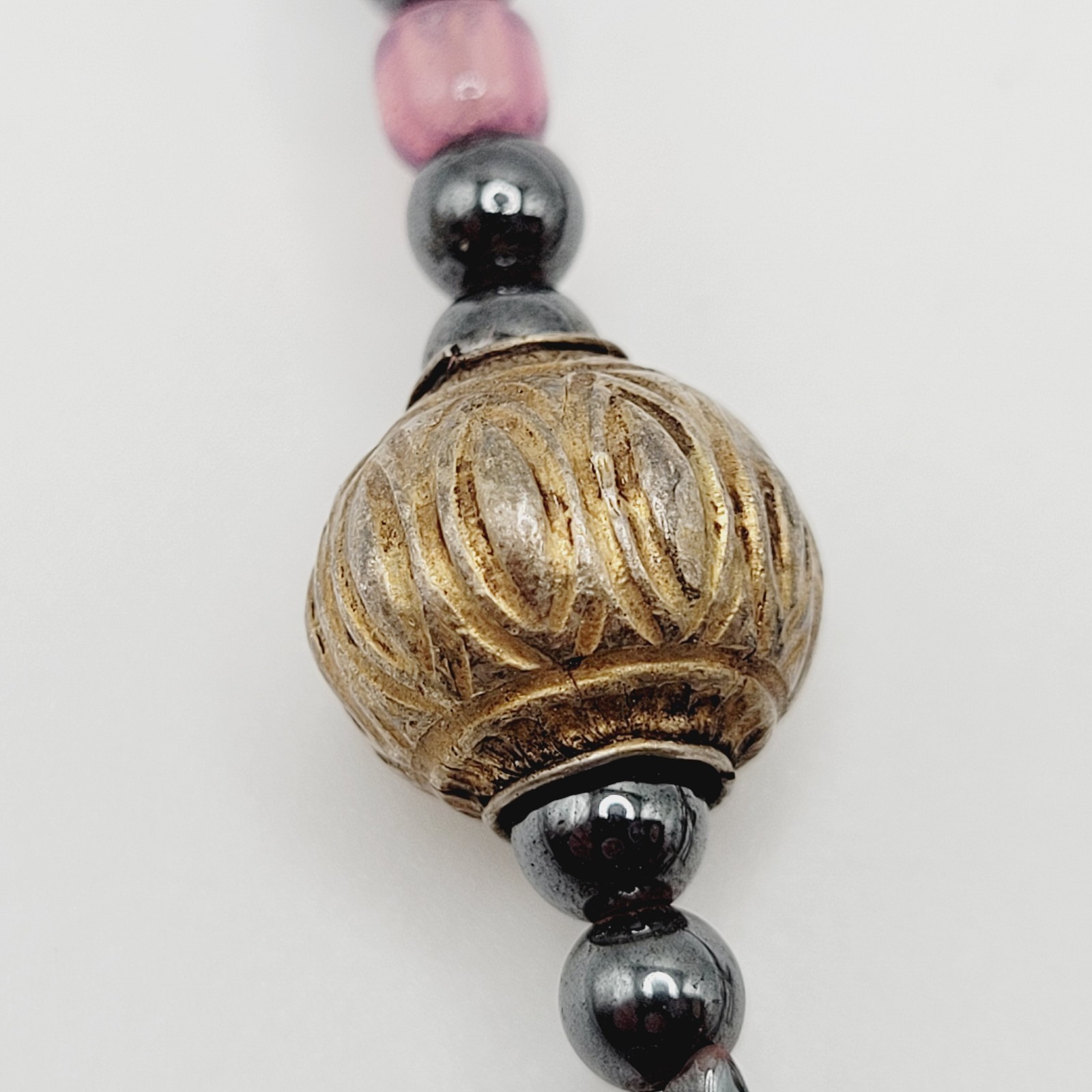 Celestial Sun Stars Black Hematine Bead Pendant Gold Tone Cone Ends Necklace