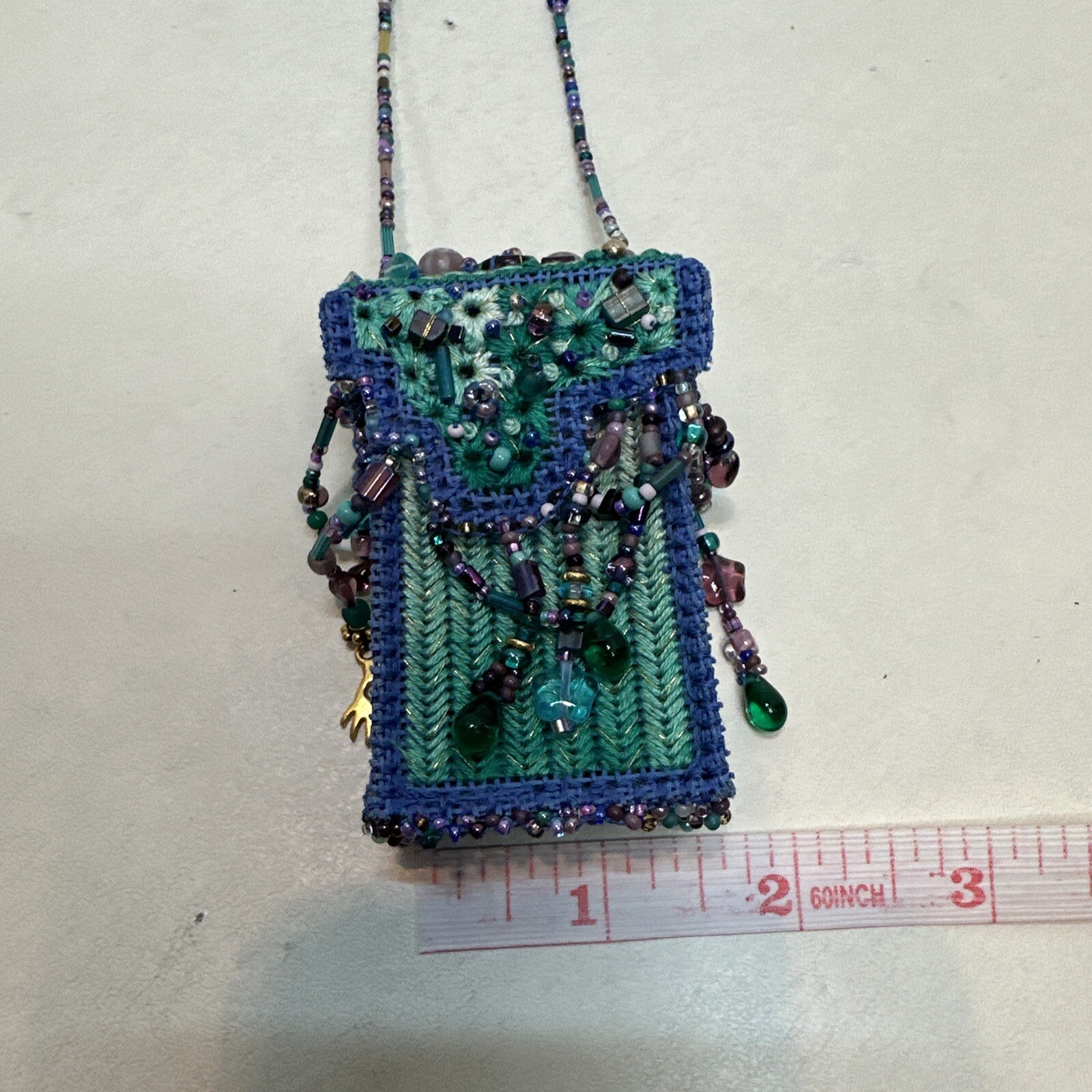 Vintage Handmade Blue Seed Bead Purse Necklace With Beaded Fringe-Bo Ho-Hippie