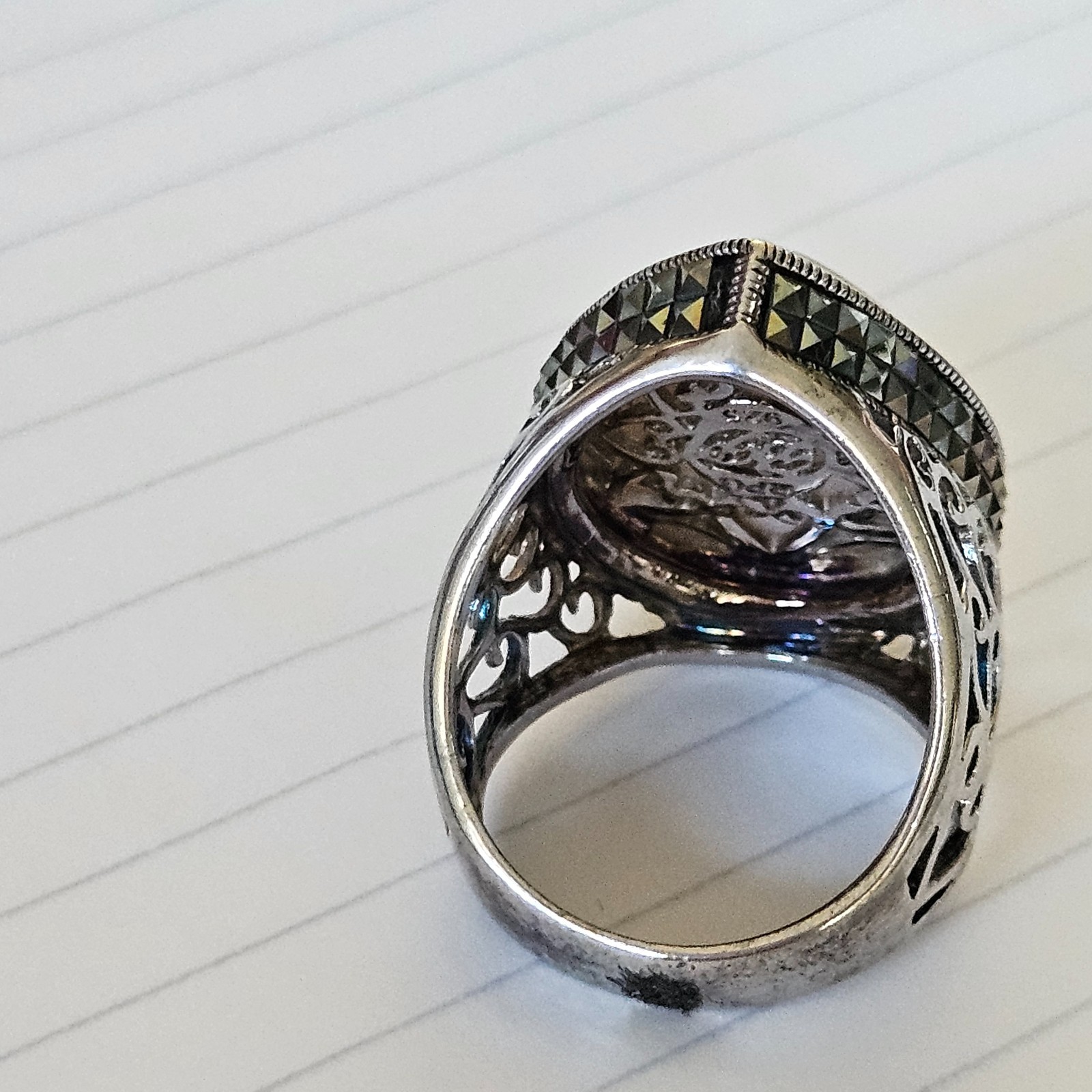 Vintage Sterling Silver Mother Of Pearl Large Statement Ring Size 8.5 Teardrop