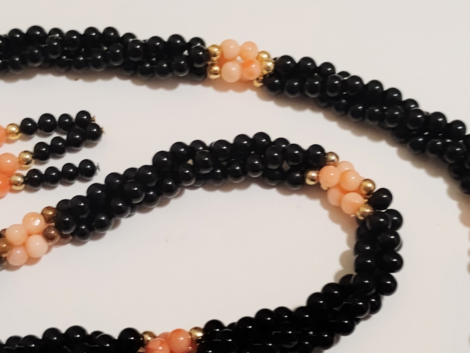 Vintage Black Onyx & Coral Necklace & Earrings Set Twisted Rope Pierced Dangle