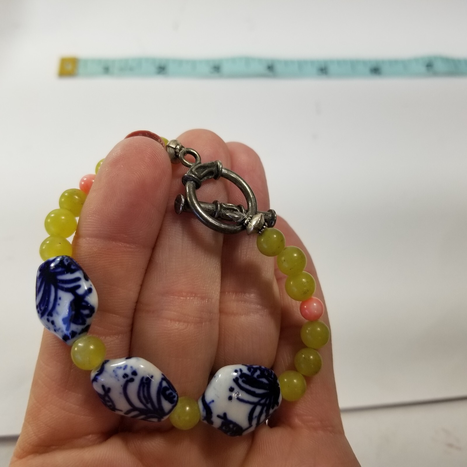 Bracelet Blue White Porcelain with Lemonade Yellow Glass Beads Toggle Closure