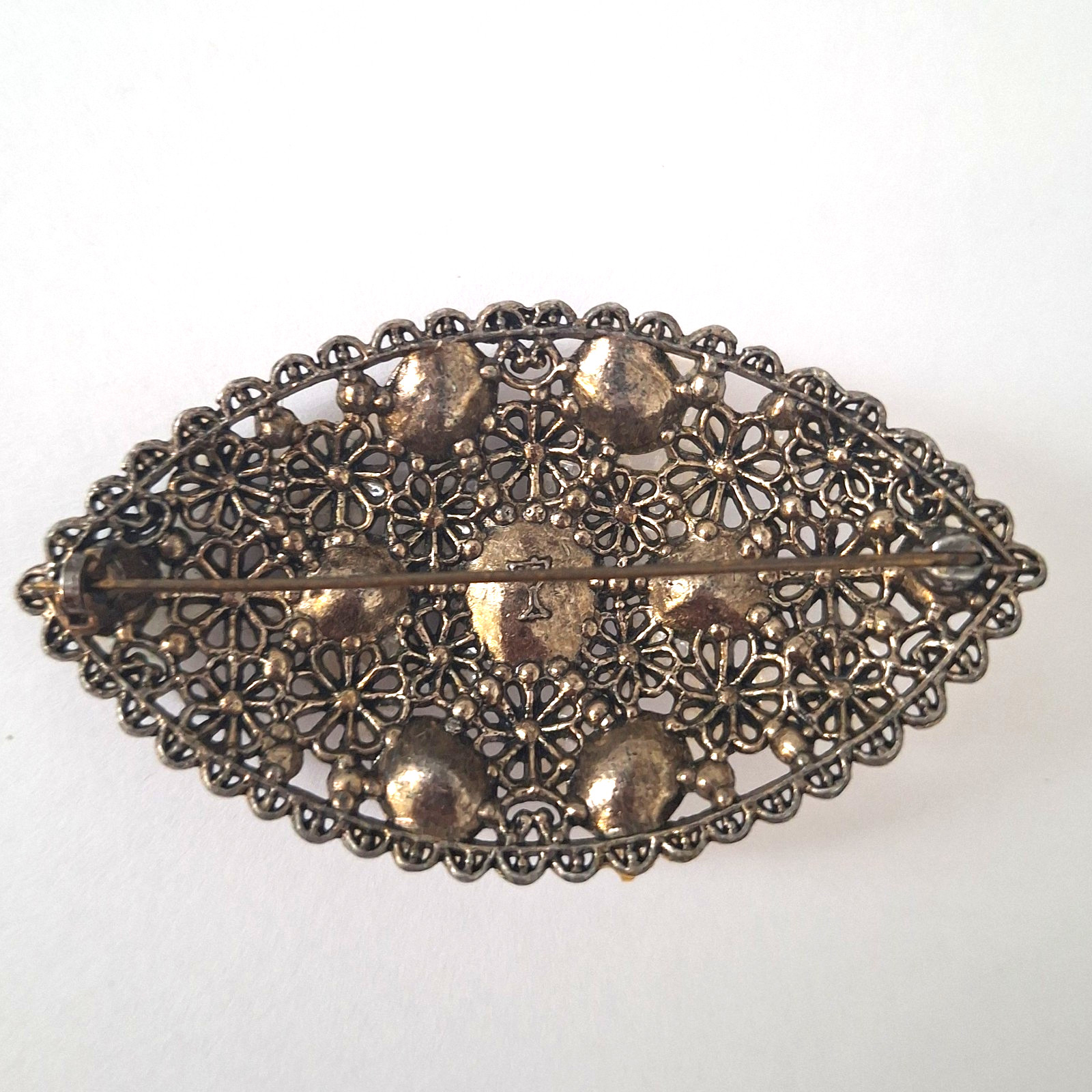 New England Glass Works Brooch Silver Tone Floral Filigree Czech Rhinestones VTG