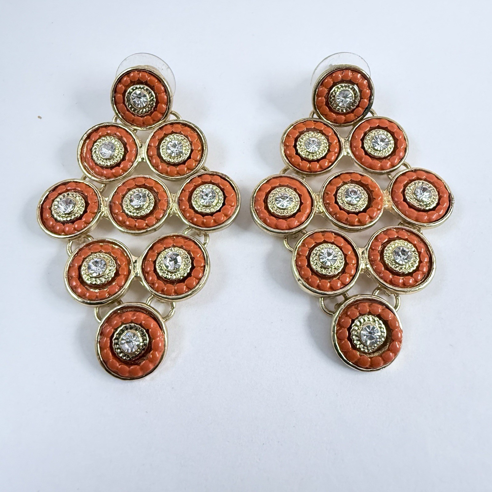 Vintage 90s to More Modern Rhinestone & Orange Circle Gold Tone Pierced Earrings