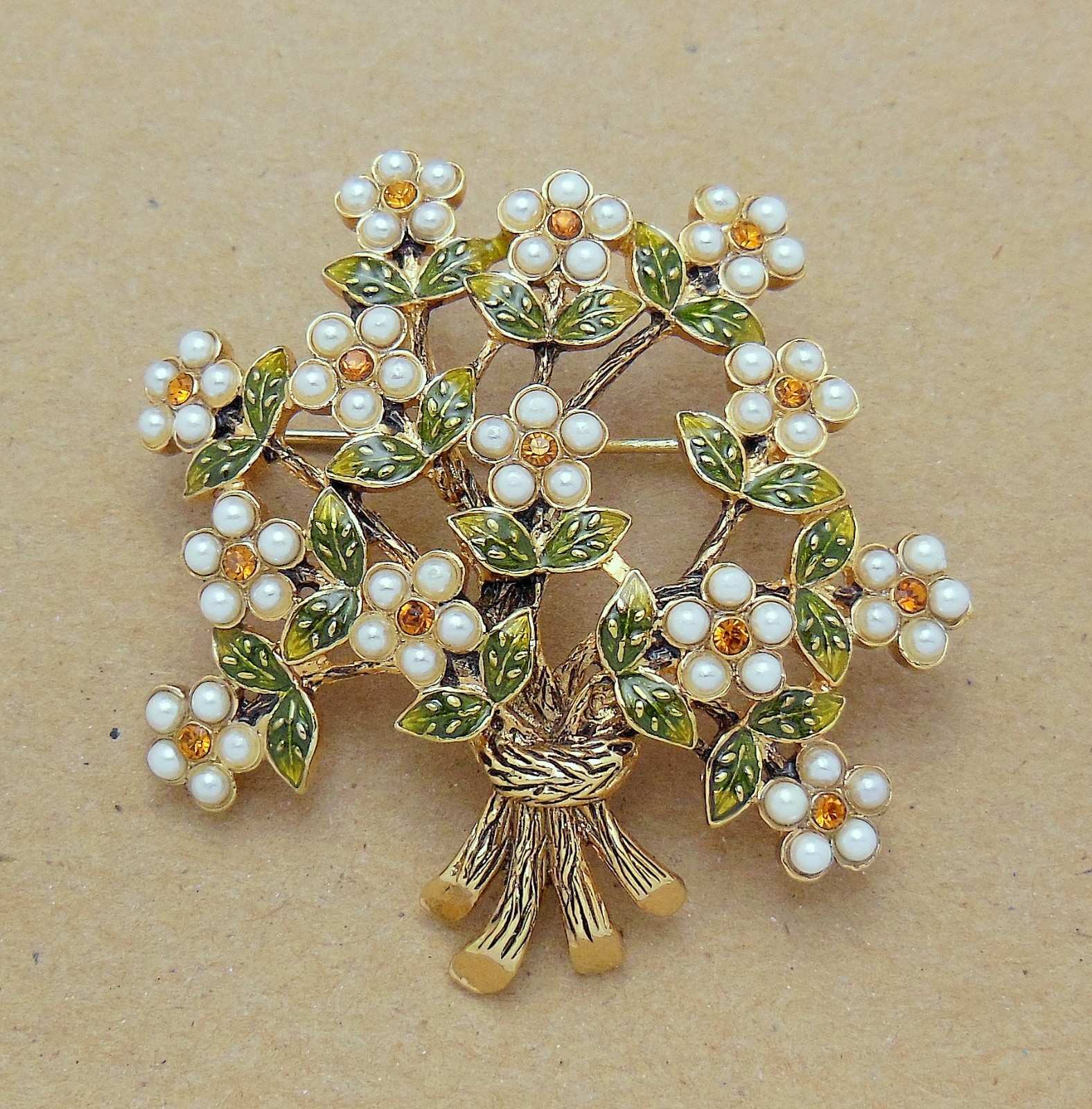 Beautiful Signed MONET Faux Pearl RS Enamel Leaf Flower Sprig Bouquet Brooch Pin