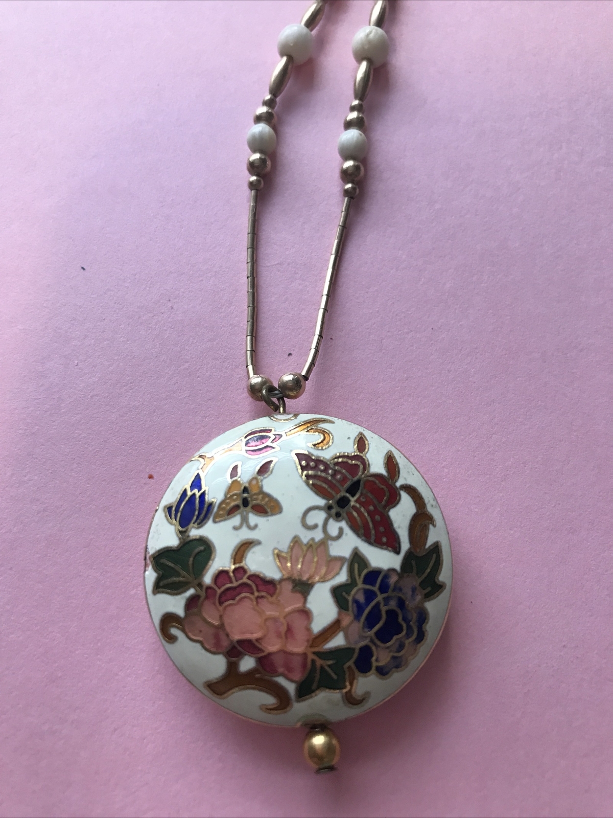 Vintage Oriental Ivory and Gold Tone Necklace with Flowers & Butterflies