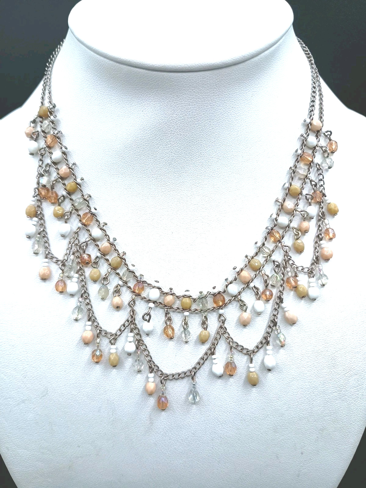 Art Deco Revival Necklace Festoon Gothic Fringe Bead Bib AB Fall Silver Tone 16″