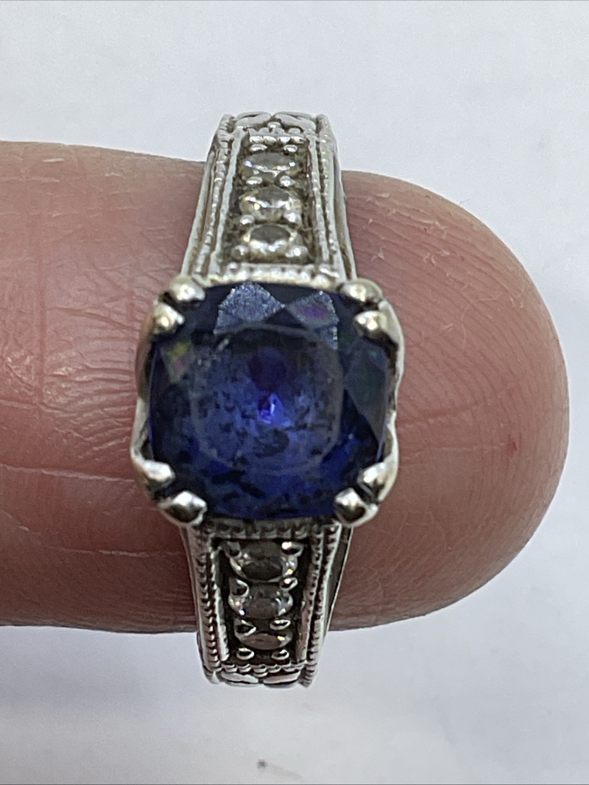Ladies Ring Solid 14K White Gold Cushion Blue Stone & Diamonds VINTAGE HANDMADE