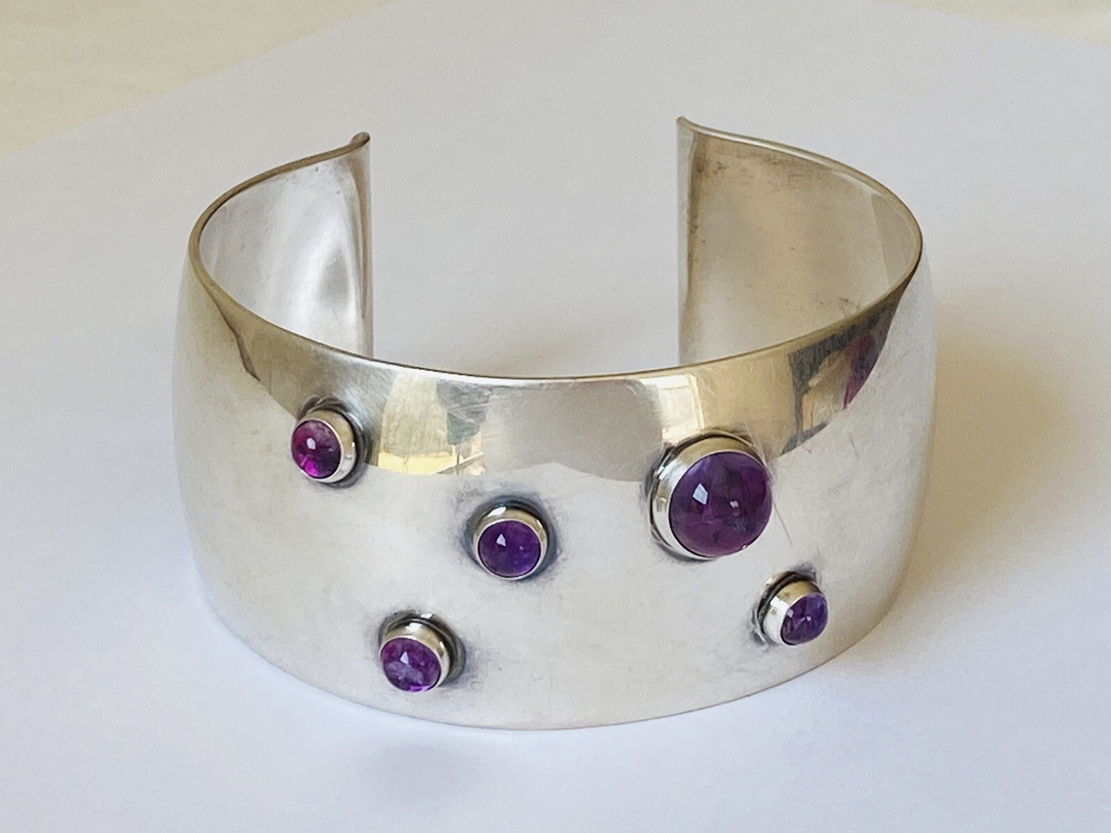 Heavy Vintage N E FROM Denmark Sterling Silver Amethyst Modernist Cuff Bracelet