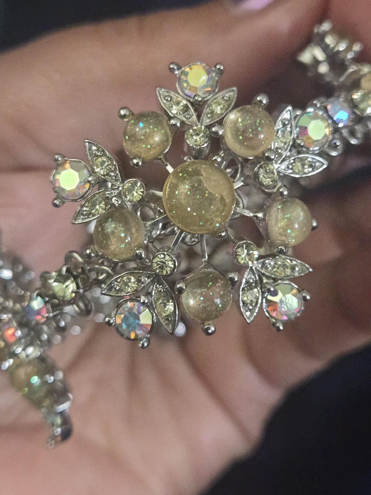 Vintage Tiara Misu Floral Cluster Link Bracelet Silver Tone AB Rhinestones