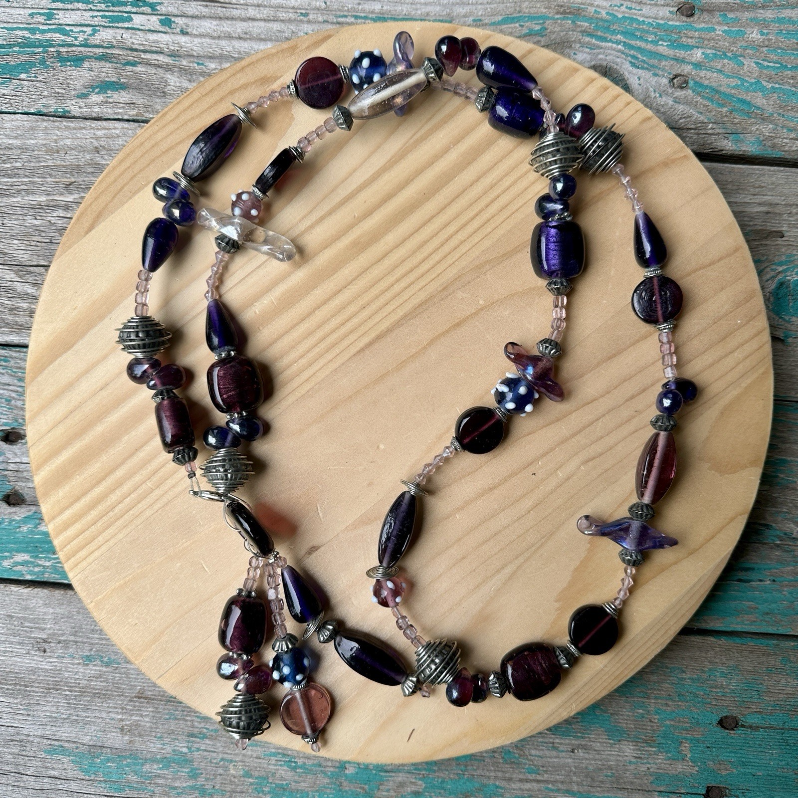 VTG Artisan Beaded Necklace 41 Inch Metal Art Glass Statement Tassel Multicolor