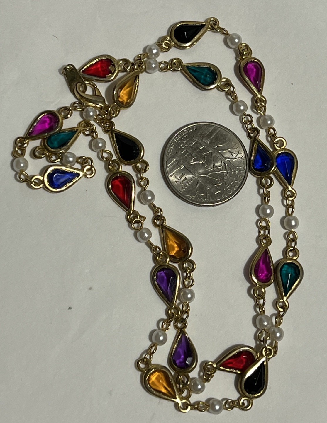 Vintage Multicolor Acrylic Crystal Station Necklace Gold Tone 24”