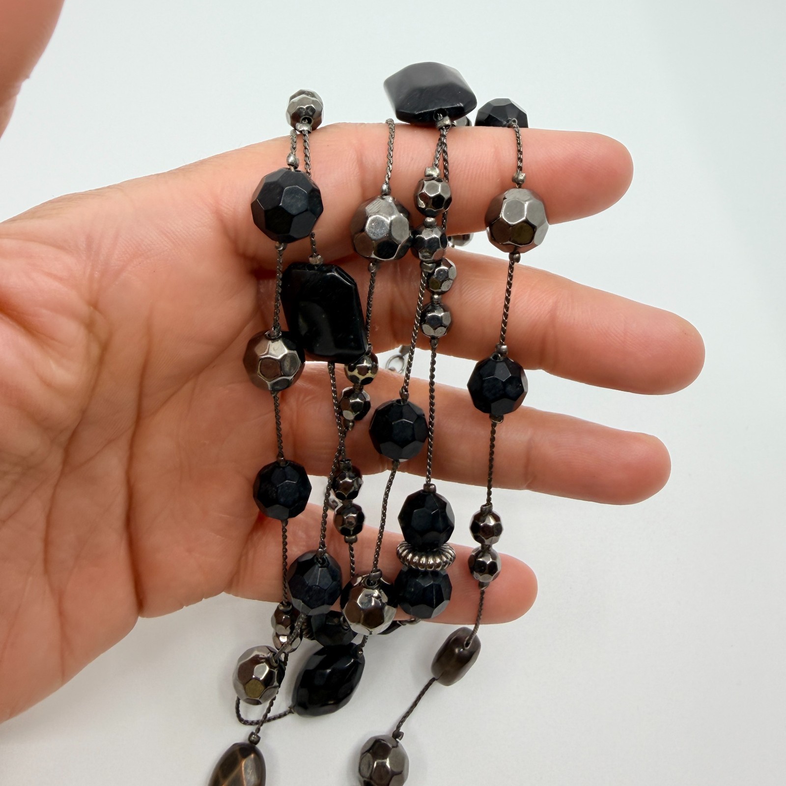 Vintage Gunmetal Tone Layered Necklace Multi Strand Black Onyx Color Bead Boho