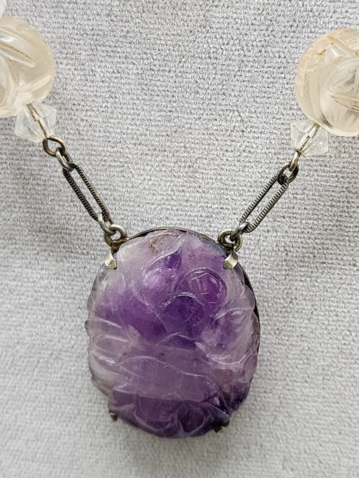 Antique Art Deco Chinese Carved Purple Amethyst Bead Necklace w/Carved Pendant