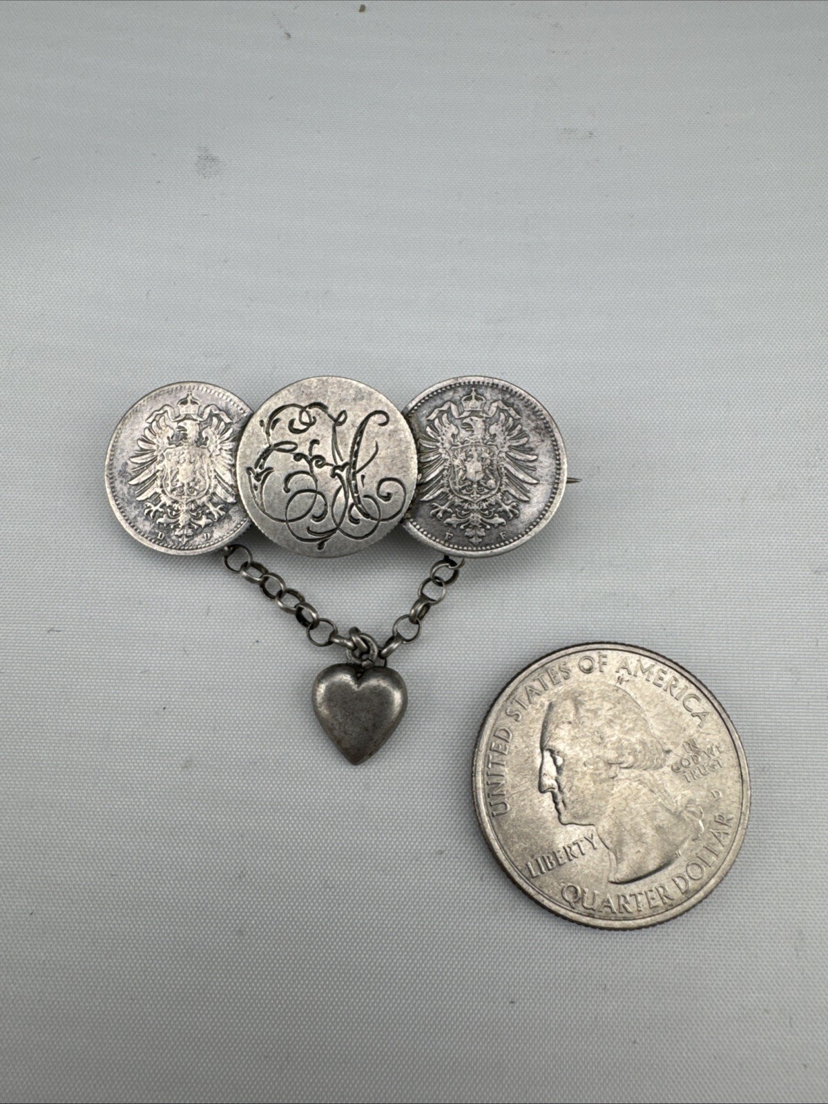 Vintage 1876 Russian 20 Kopek Coin w/Heart Charm 43.94mm Brooch 5.3g