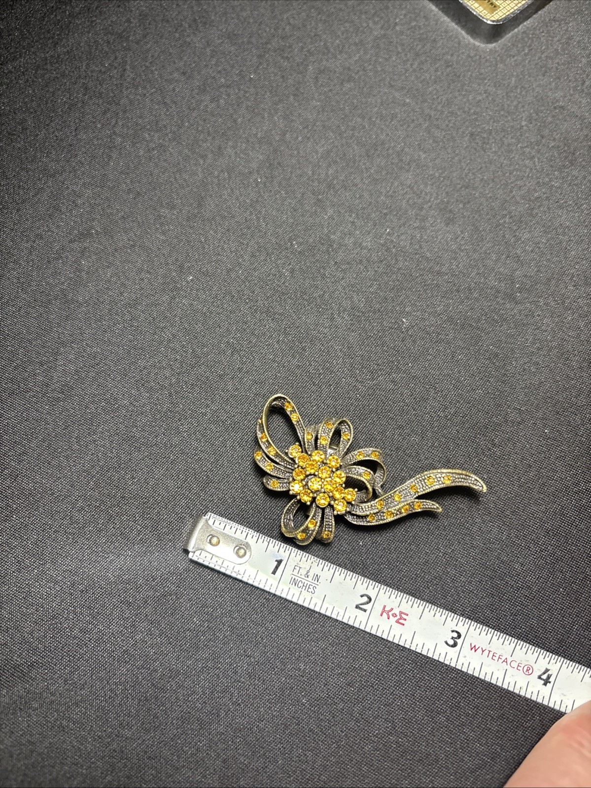 Vintage Gold Tone Orange Rhinestone Flower Ribbon Brooch 104