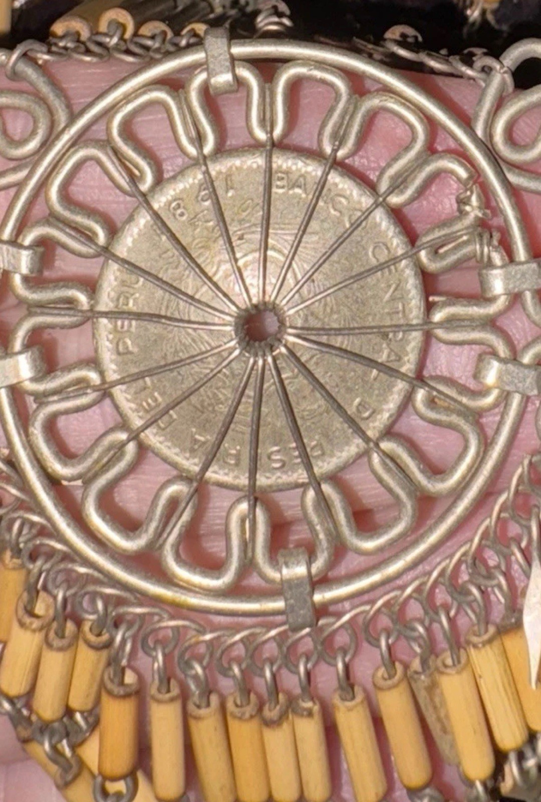 Vintage Peruvian Bamboo Hand-Wired MIGUEL GRAU Coin & Metalwork Tassel Necklace