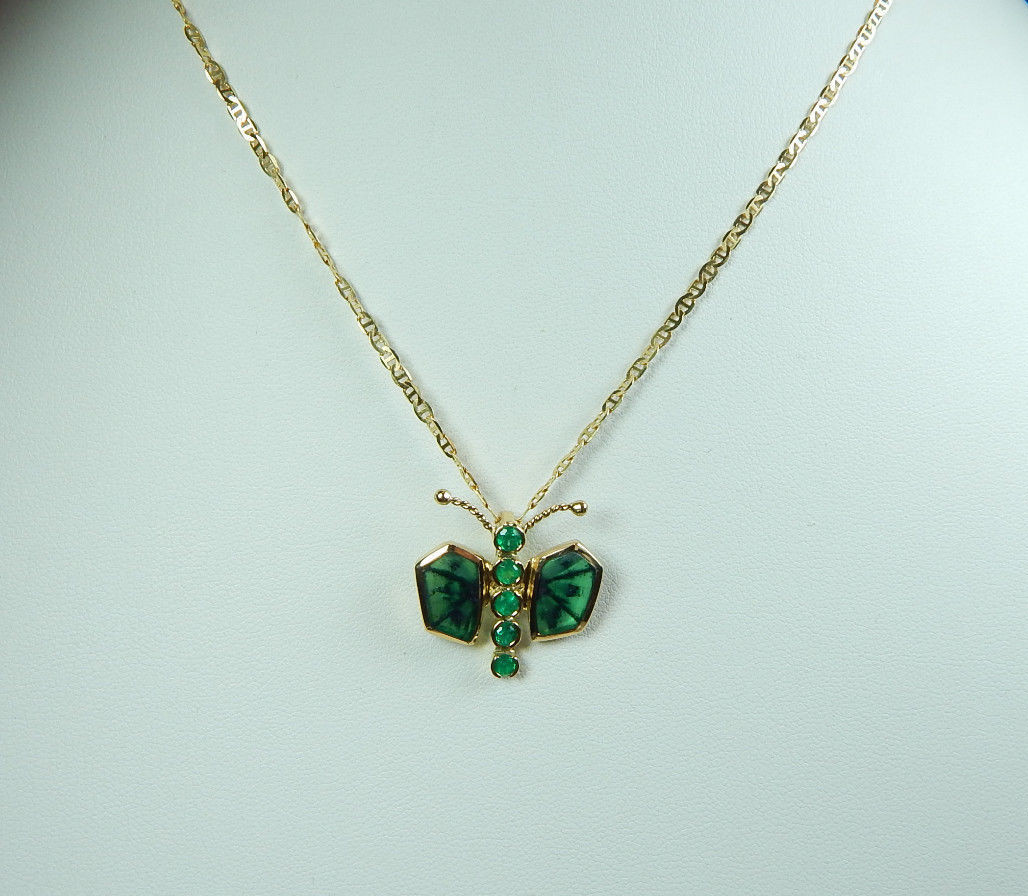 Colombian Trapiche Emerald 3.12 TCW Butterfly Pendant 18K Y Gold Jewelry Muzo M