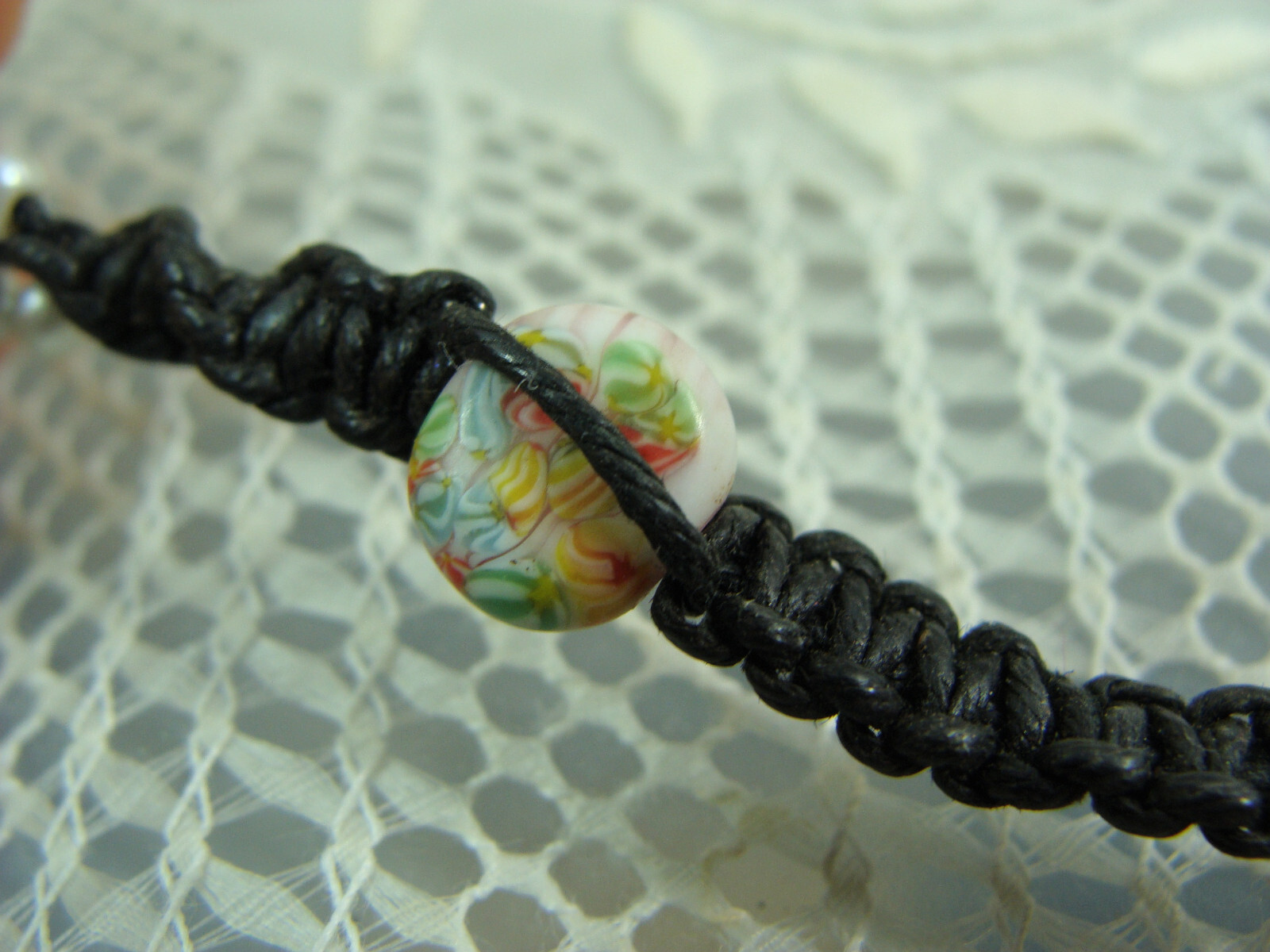 Vtg Millefiori Glass Bead Faux Pearl Hemp Macrame Bohemian Hippy Choker Necklace