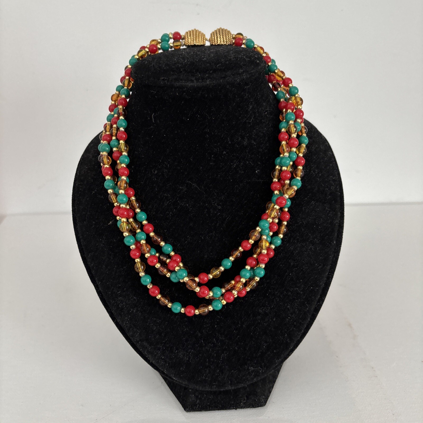 Vintage Mimi di N Beaded Necklace 1970s Designer Gold Red Green Collar