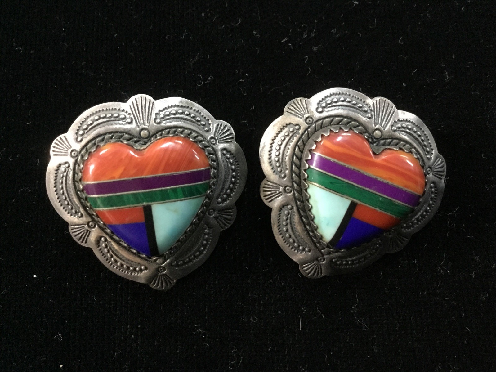 Q. T. Multi Gemstone and Sterling Silver Signed Heart Stud Earrings Southwestern