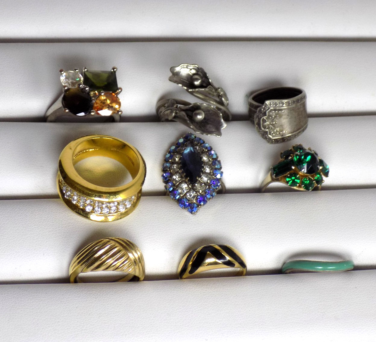 Vintage Costume Rings Lot Rhinestones Avon Monet Silverplated CZ Bands Floral