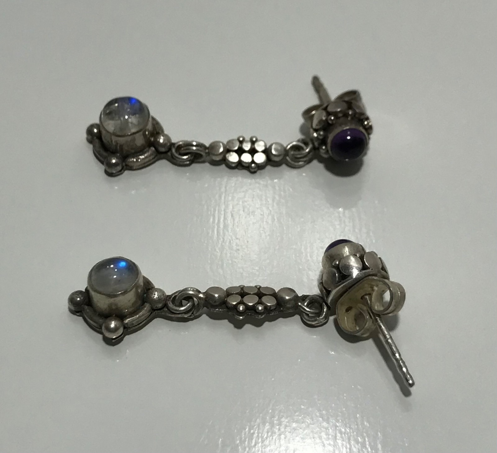 Vtg Sterling Silver 925 Amethyst & Labradorite Post Dangle Drop Earrings