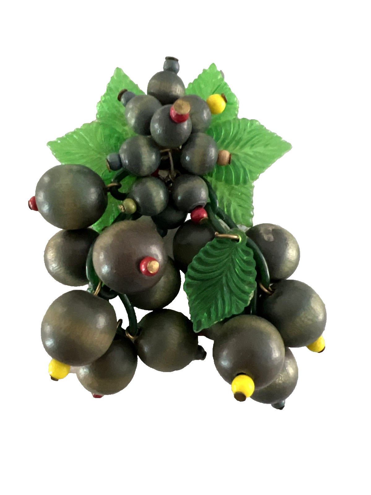 VINTAGE 1940’s MIRIAM HASKELL WOOD BLUEBERRY BROOCH / GREEN CELLULOID LEAVES