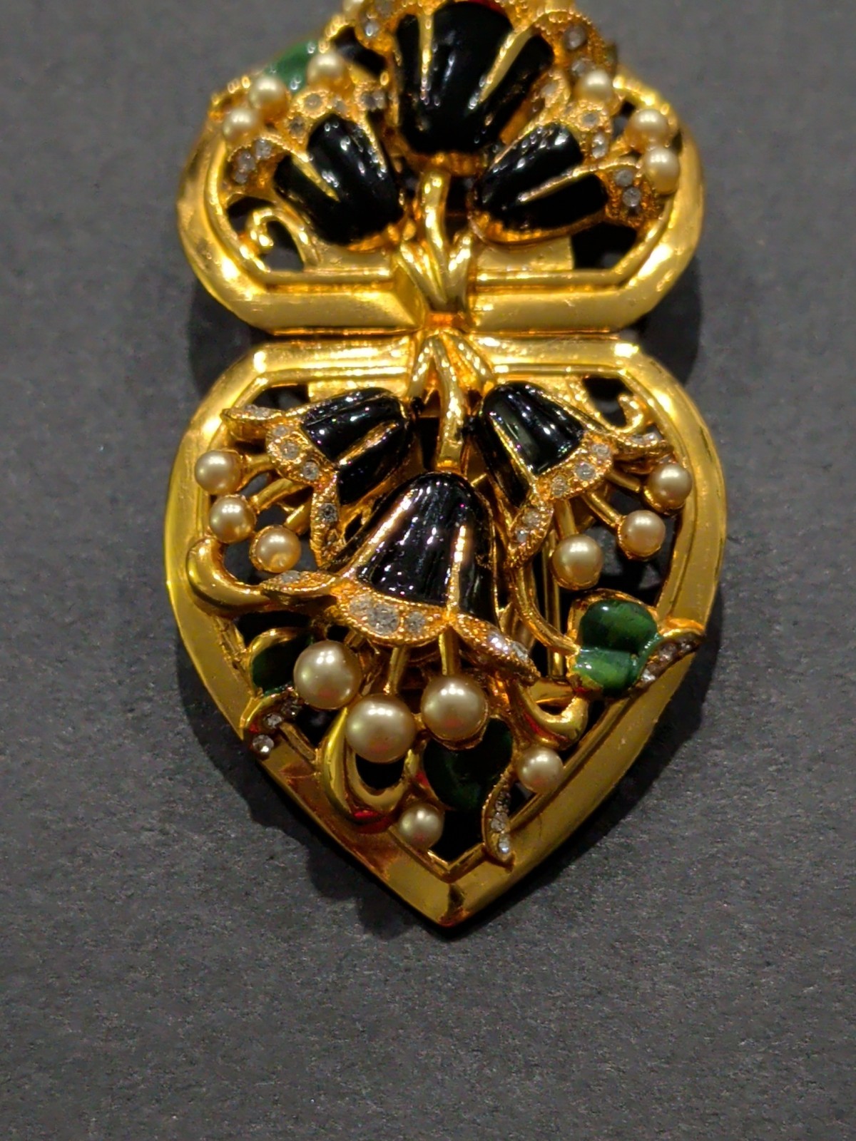 CORO DUETTE Convertible Brooch Gold Tone Black Green Enamel Pearl Crystal Floral