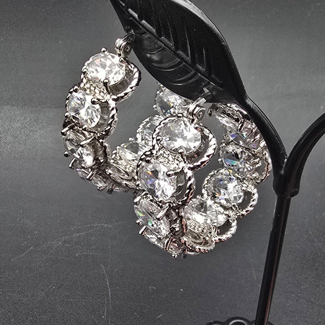 Clear Glass Rhinestone Hoop Earrings Silver Tone Thailand