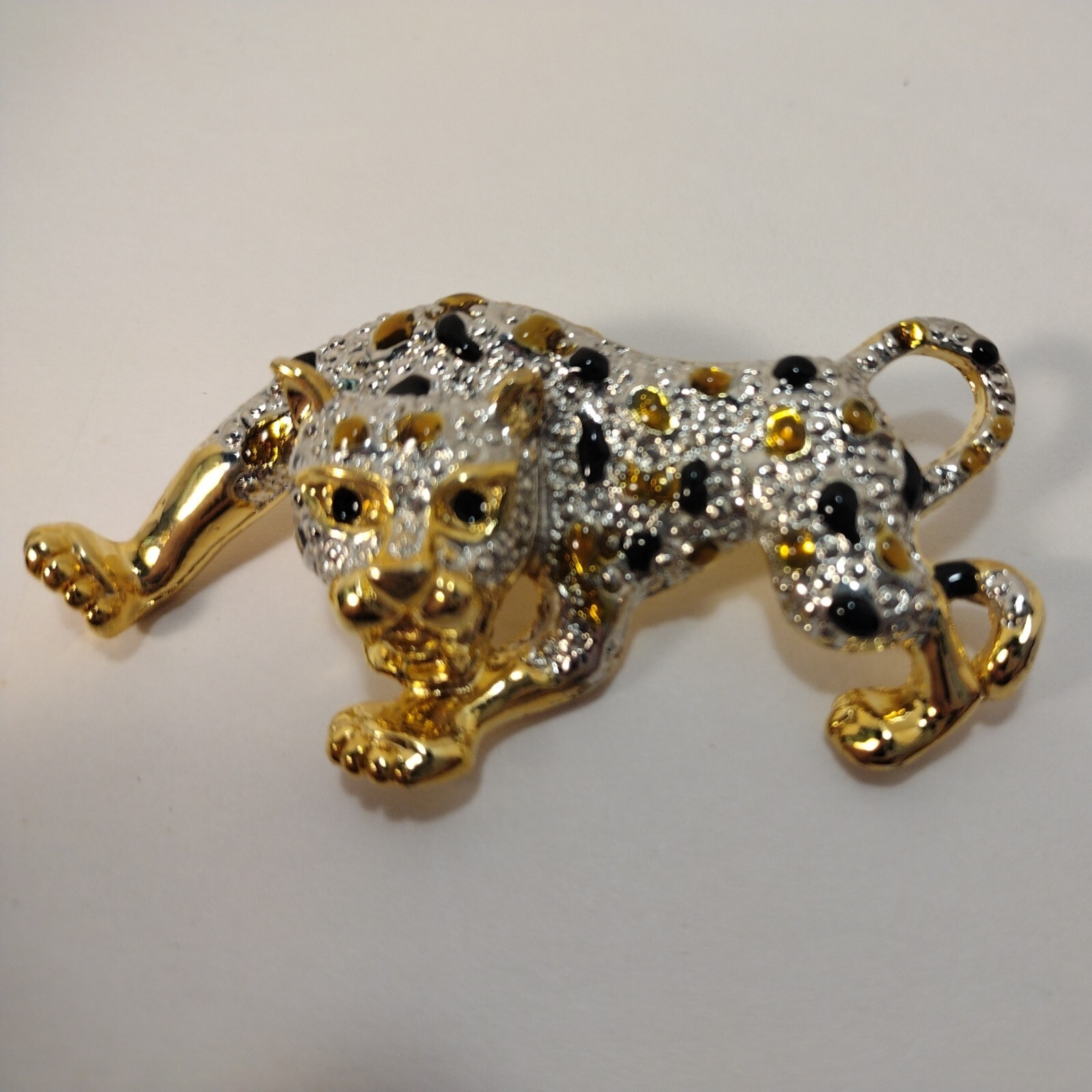Vintage Black Yellow Gold Tone Cat Leopard Silver Tone Sparkle
