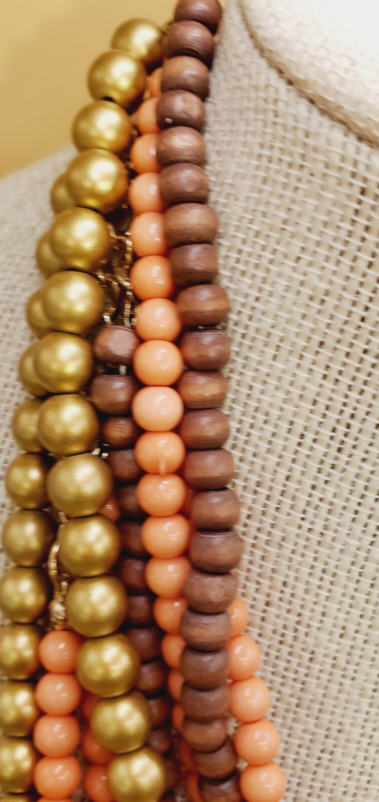 VTG Multi Strand Peach, Brown and Gold Wood and Plastic Beaded Necklace 17″ woo1