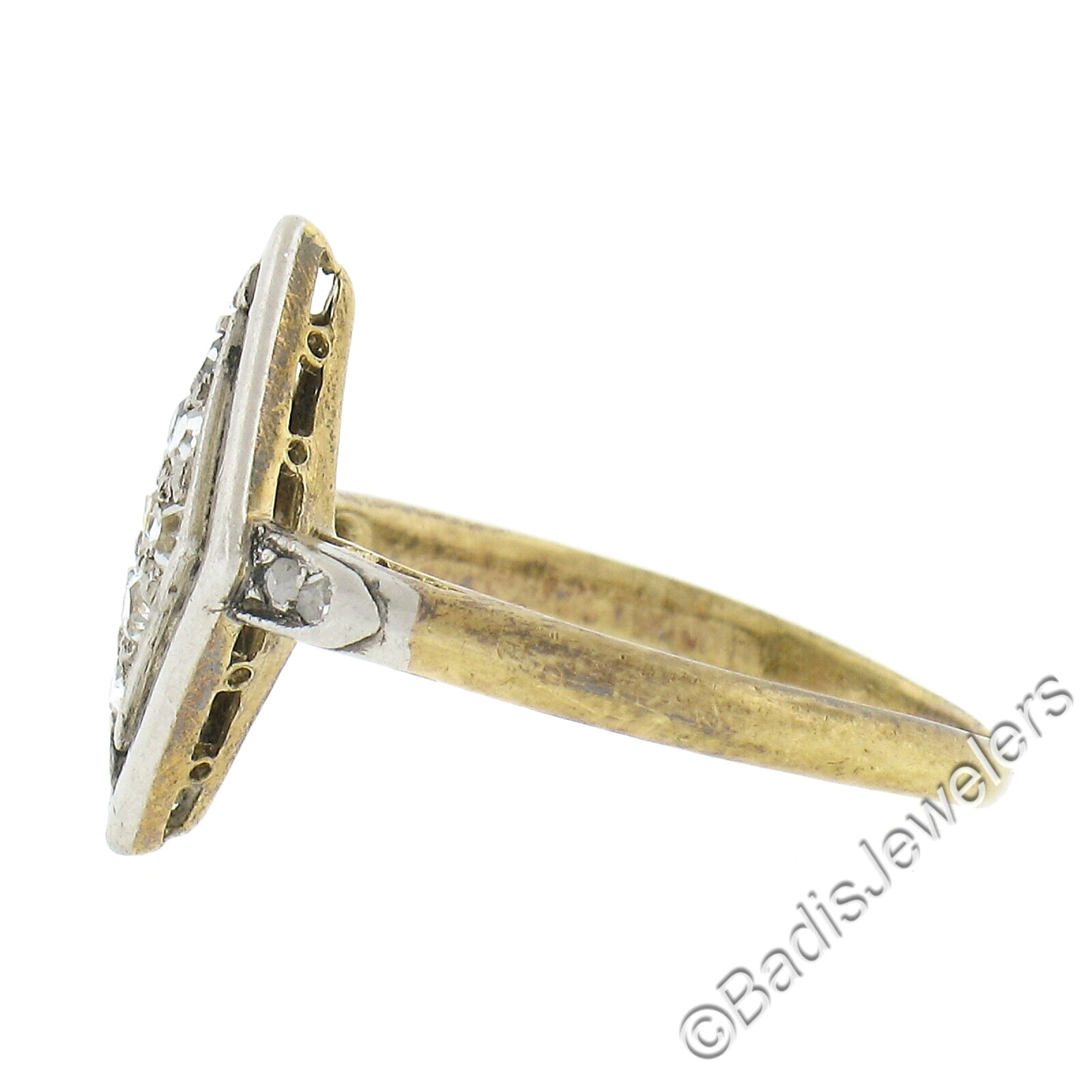 Antique Edwardian 18K Yellow Gold & Platinum Old Cut Diamond Lozenge Shape Ring