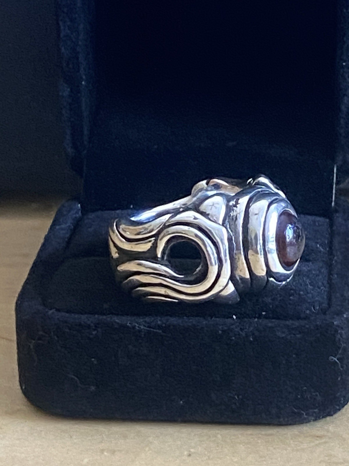 Vintage Heavy Sterling Silver Ring 18 DWT Deep Red Garnet Cabochon Stone