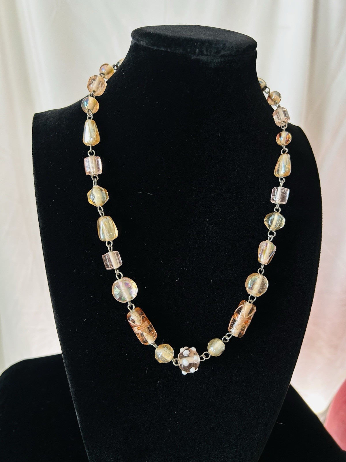 Vintage Wire Wrapped Peach Champagne Art Glass Bead Chain Necklace 20″ 50g