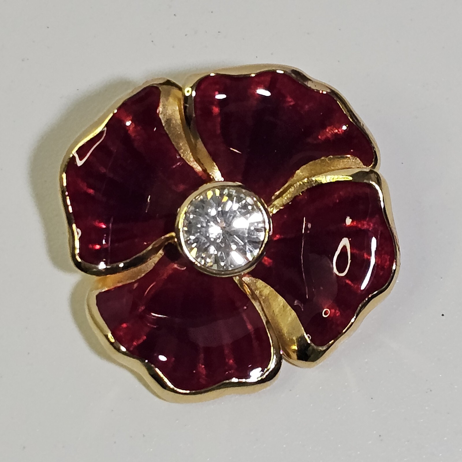 Rare Christian Dior Gold Tone Flower Brooch Pin Rhinestone & Redish Brown Enamel