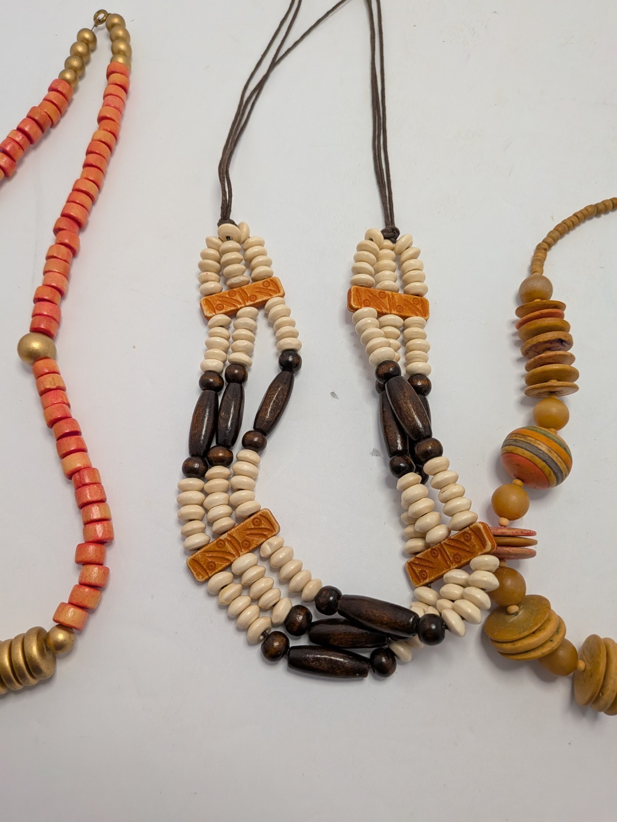 4 Vintage Wooden Beaded Necklaces Various Lengths, Brown, Peach, & Gold Colors