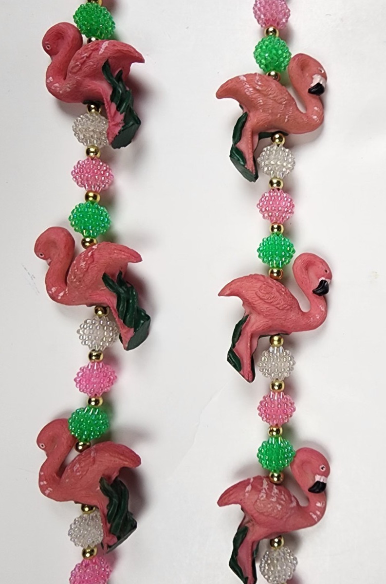 VTG Pastel Resin POPCORN Beaded Flamingo Necklace Pink Green FUN witty Wear