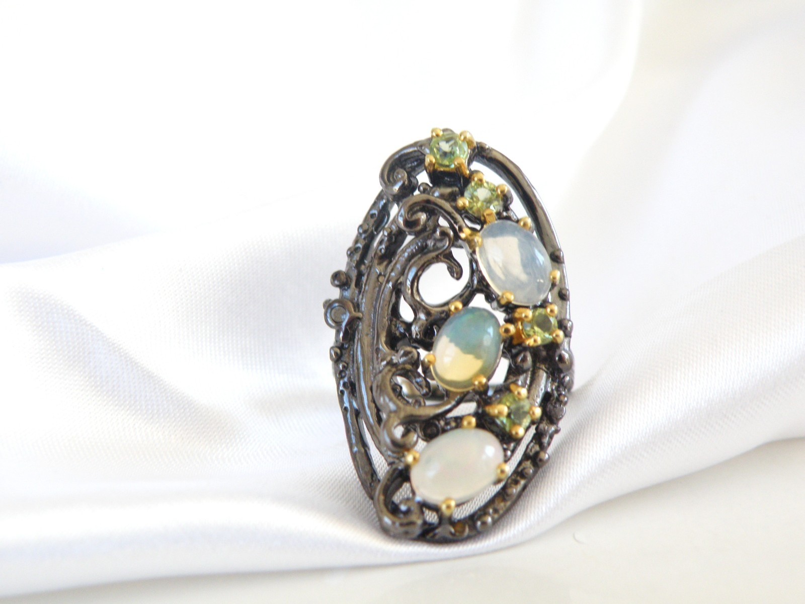 Brutalist Sterling Silver 925 Ethiopian Opal Peridot Modernist Ring Size 8