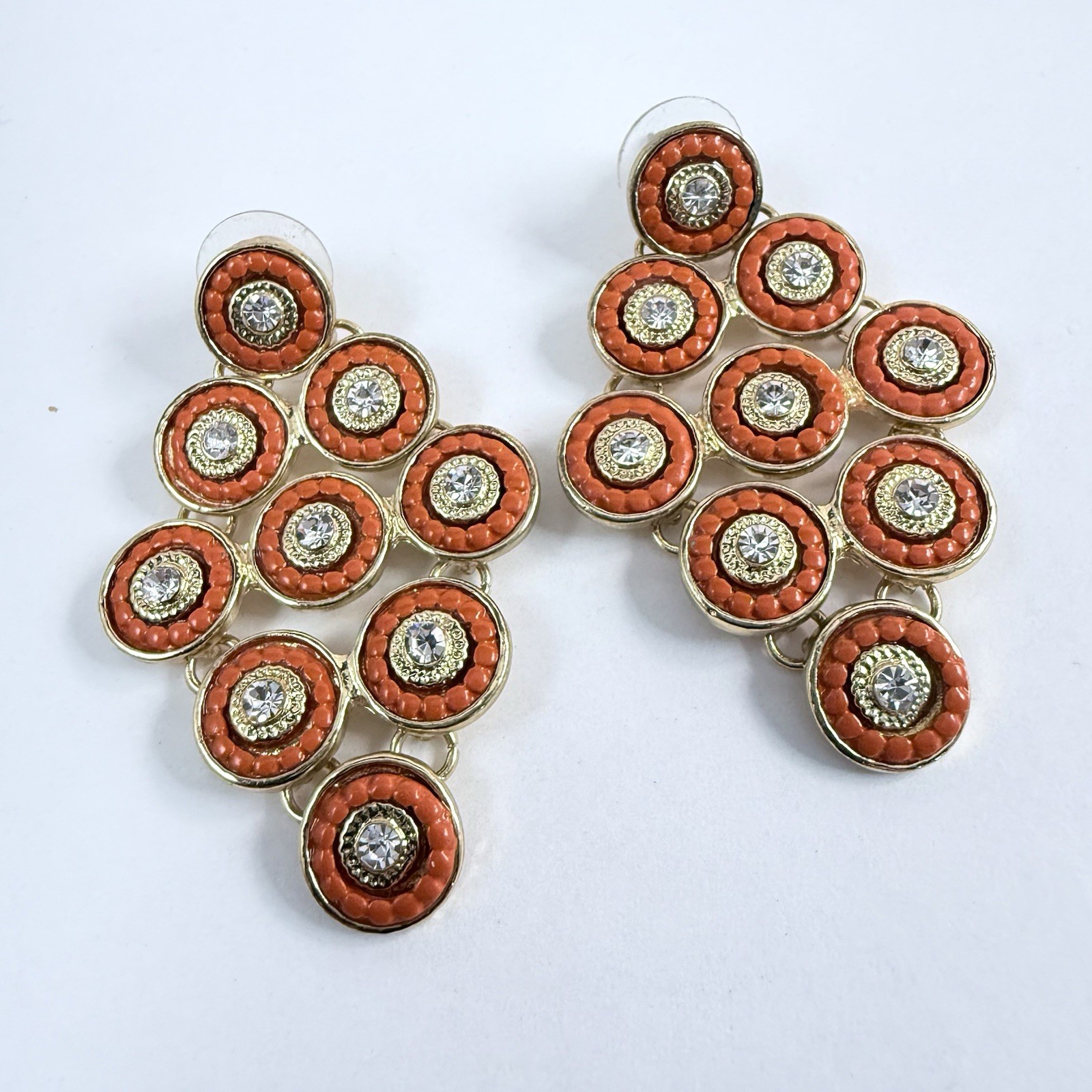 Vintage 90s to More Modern Rhinestone & Orange Circle Gold Tone Pierced Earrings