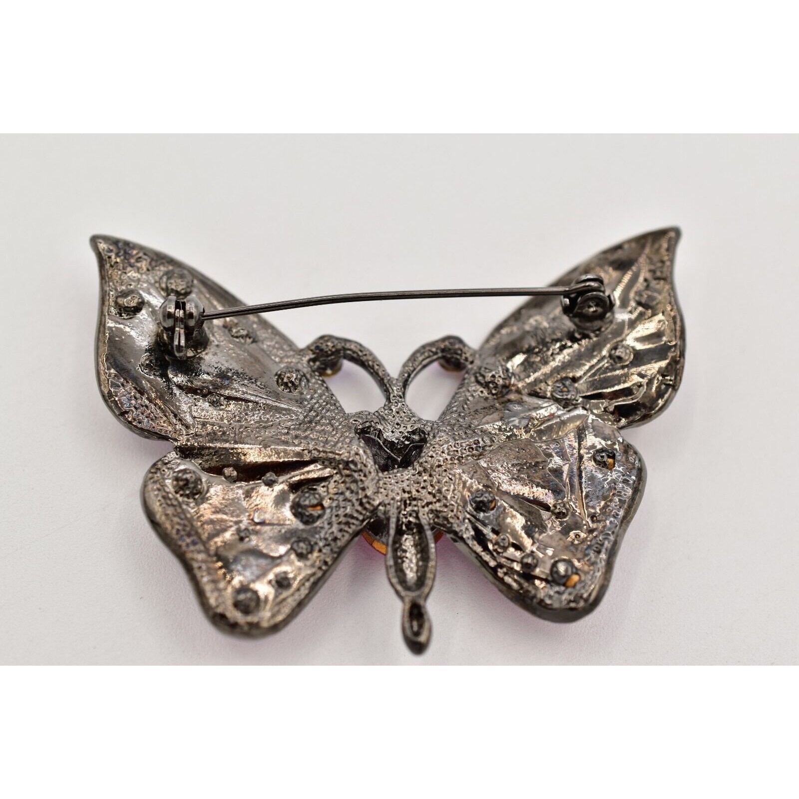 Vintage Crystal Butterfly Pin Brooch Pink Rhinestone Gunmetal Sparkling 90s Bin4