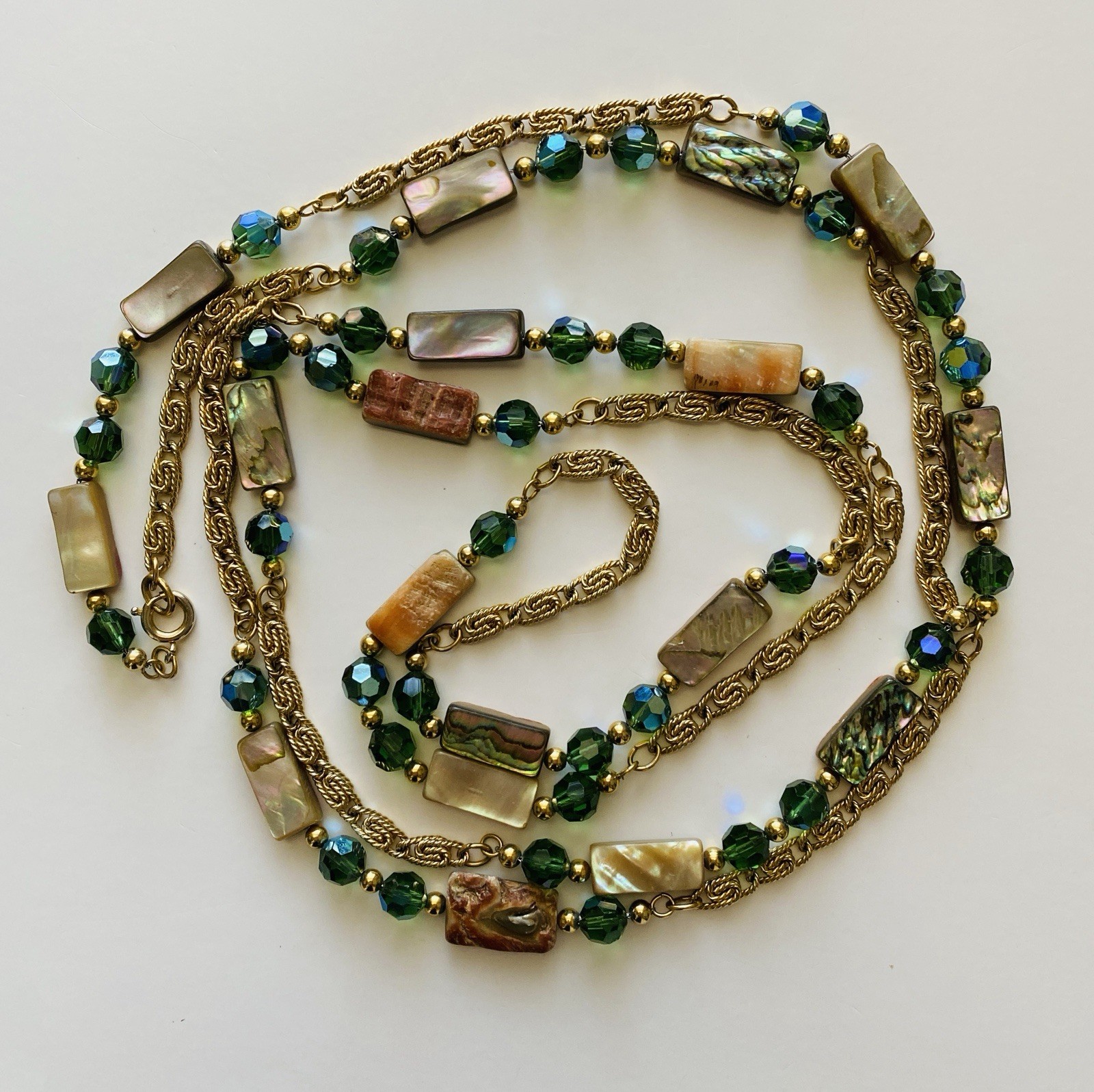 Vintage 80s NAPIER Necklace Abalone Mother Of Pearl & Green Crystals Boho Chic