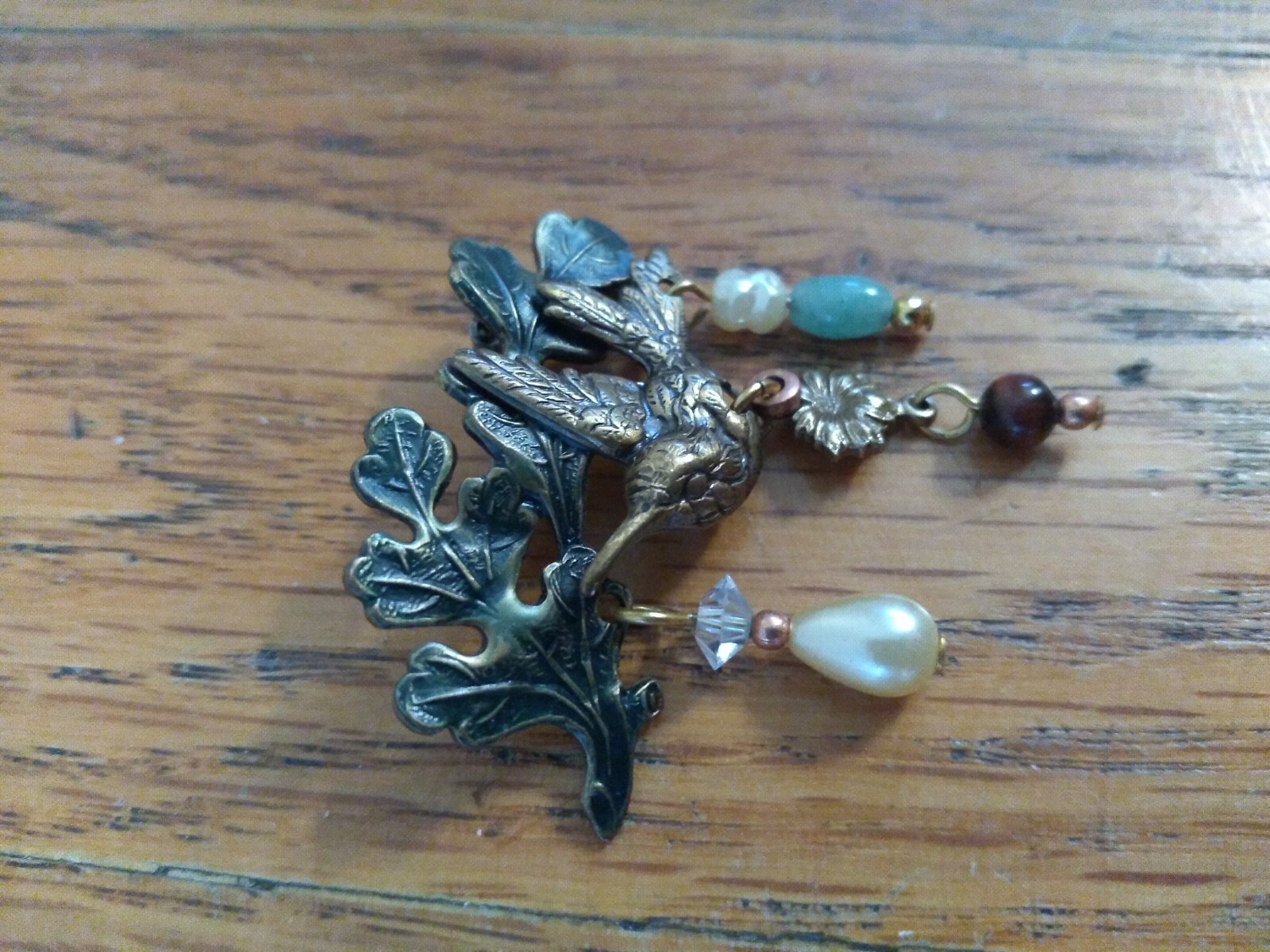 Vintage Hummingbird Brooch Brass Tigers eye Pearl Jade Dangles