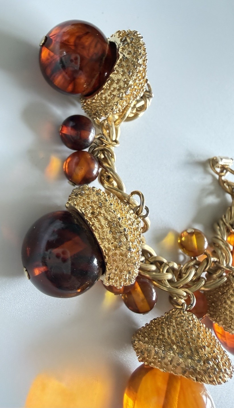 Vintage MCM Chunky Acorn Charm Bracelet Oversized Amber Glass Style Lucite Gold