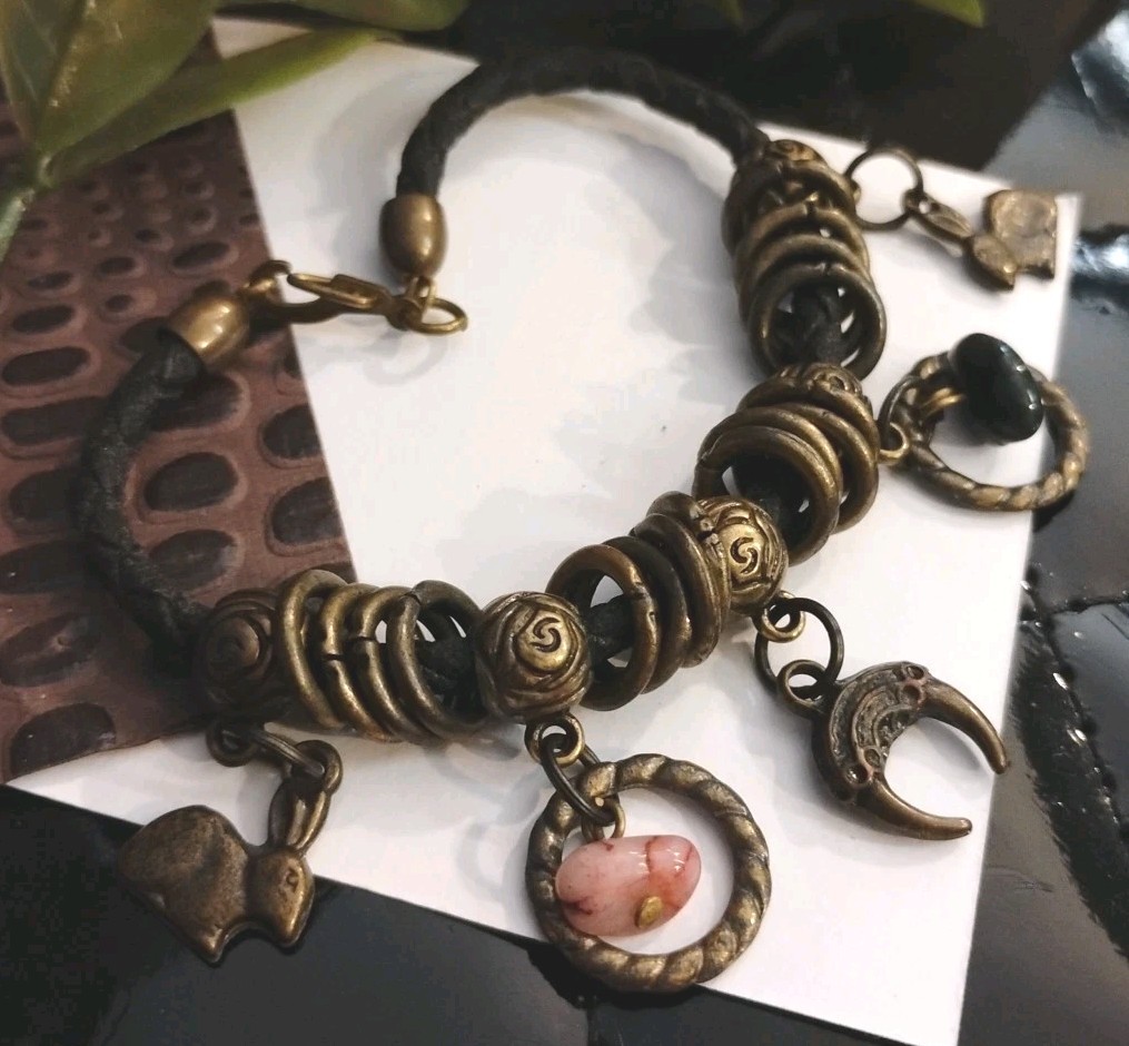 Boho Vibes! Rabbits, Real Stones, Bronzy Toned Leather Cord Charms Bracelet!