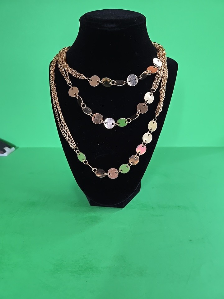 Goldtone Three Strand Long Chain 54″With Round Discs