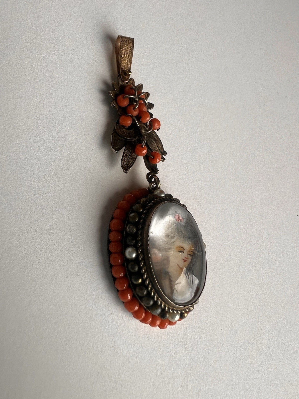 Antique Yellow Gold + Silver Coral Seed Pearls Hand Painted Portrait Pendant