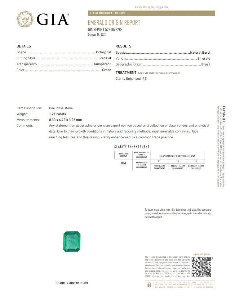 GIA CERTIFIED Emerald Rectangular Shape Vivid Green 1.21 Carats GIA-5221072288