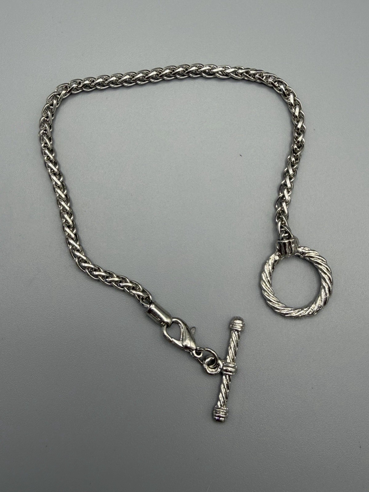 Vintage Silver Tone Chain Bracelet Toggle Clasp Textured Ring